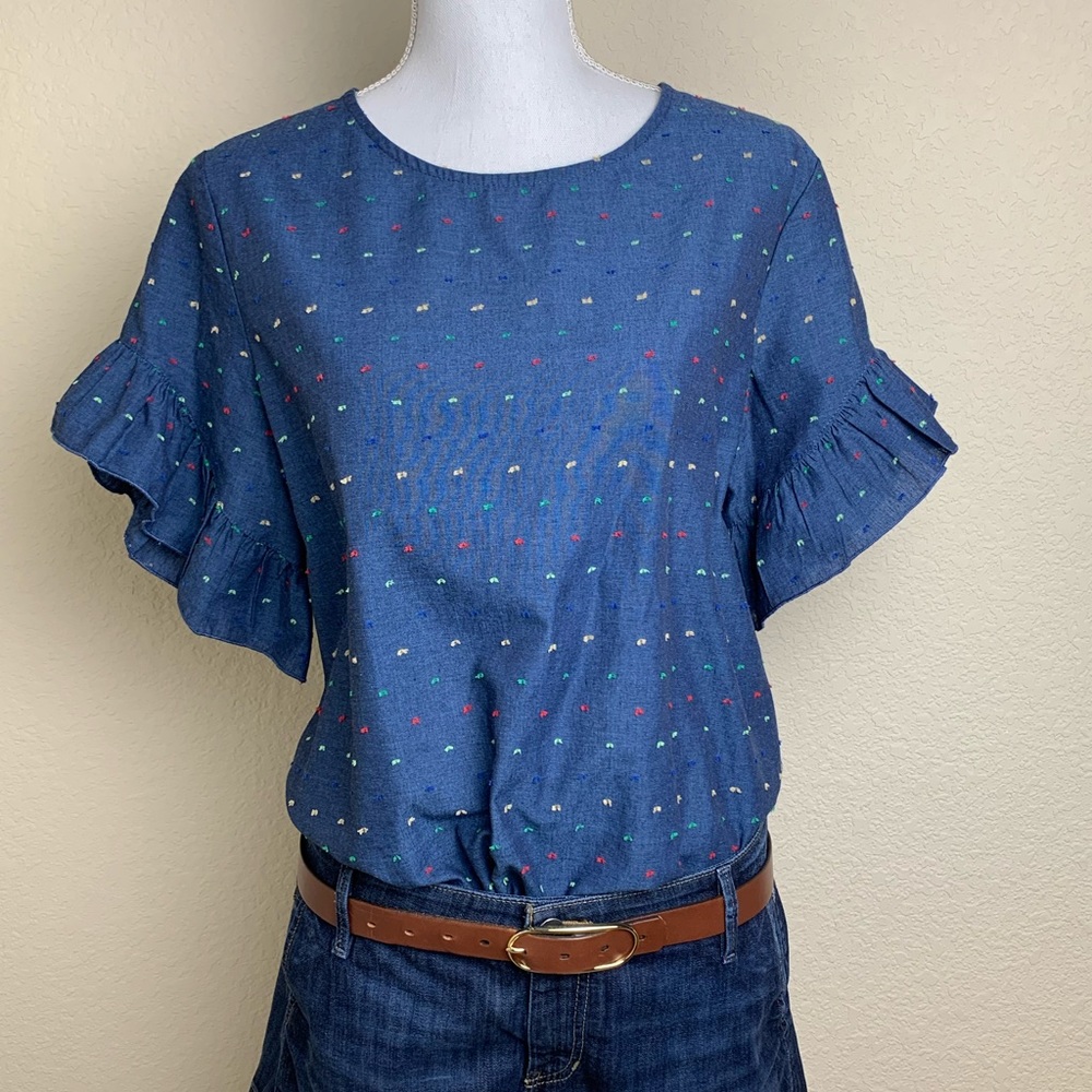 DREW Chambray Ruffle Sleeve Top